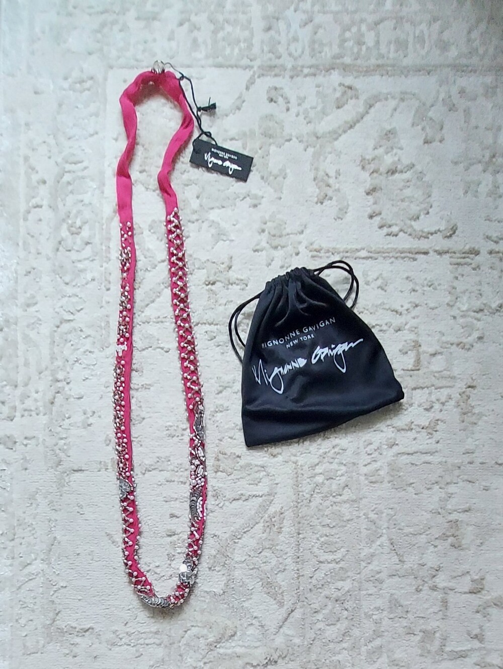 Mignonne Gavignan Pearl Beaded Fabric Necklace In Pink With Branded Pouch